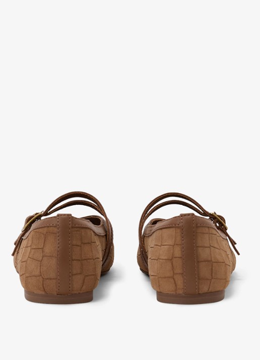 Reiss Eliza ballerina van suède met crocostructuur en gespdetail - achterkant 2 tan / beige
