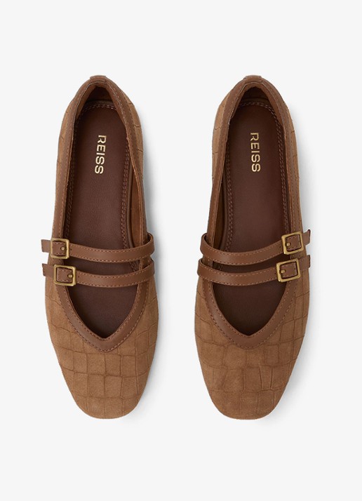 Reiss Eliza ballerina van suède met crocostructuur en gespdetail - detail 3 tan / beige
