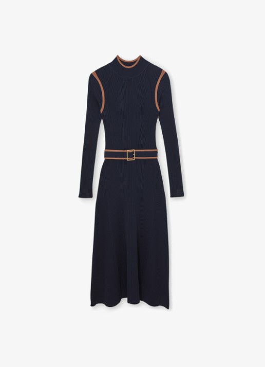 Reiss Ella ribgebreide midi jurk met ceintuur - voorkant 5 donkerblauw