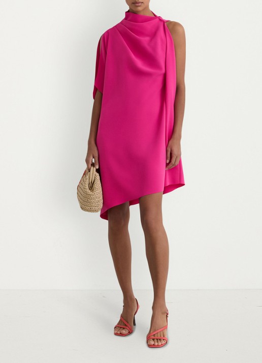 Reiss Ellery one-shoulder mini jurk van crêpe  - voorkant 5 donkerroze