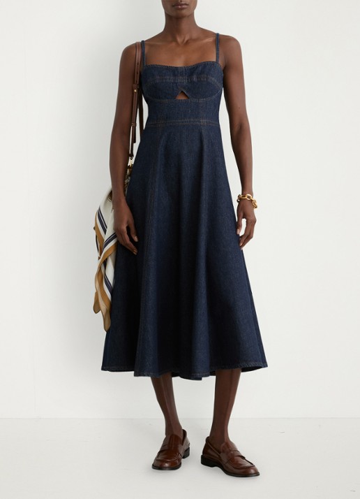 Reiss Emma midi denim jurk met cut-out detail - voorkant 6 donkerblauw
