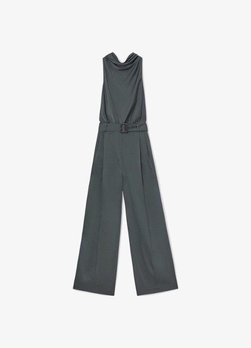 Reiss Erica wide fit jumpsuit van satijn - voorkant 6 donkergrijs
