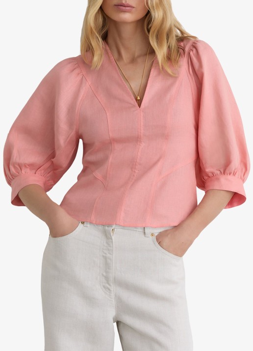 Reiss Evie tuniek van linnen met ballonmouw - detail 3 lichtroze