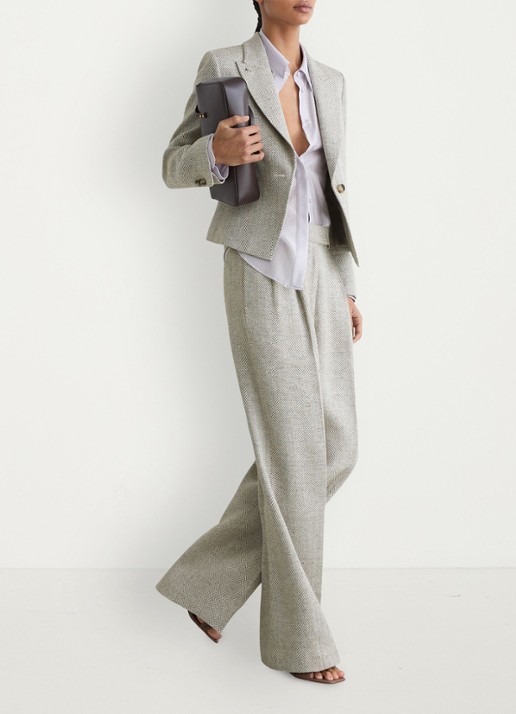 Reiss Ezra high waist straight fit pantalon met visgraat dessin - detail 5 neutral / beige