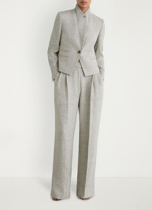 Reiss Ezra high waist straight fit pantalon met visgraat dessin - voorkant 2 neutral / beige