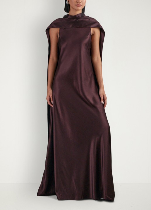 Reiss Fae maxi jurk van satijn met sjaalkraag - detail 2 bordeauxrood
