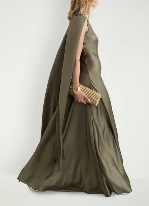Reiss Fae maxi jurk van satijn met sjaalkraag - detail 4 khaki