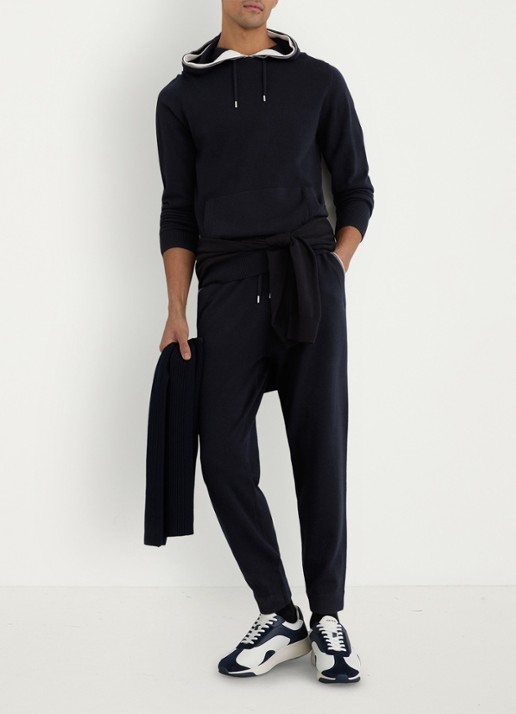 Reiss Falmer hoodie van wol met kangoeroezak - voorkant 2 donkerblauw
