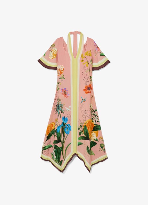 Reiss Flossy midi jurk met cut-out detail en bloemenprint - voorkant oudroze