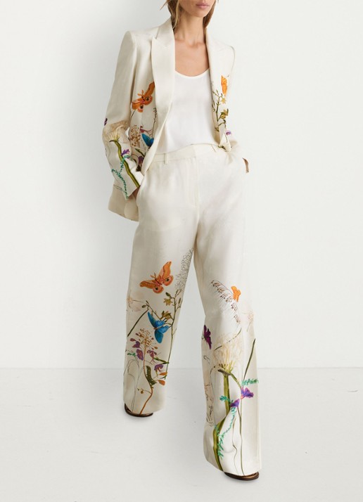Reiss Frankie high waist wide fit pantalon met bloemenprint - voorkant 6 creme