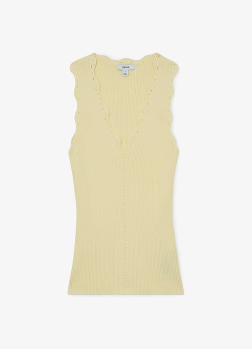 Reiss Freya top met ribstructuur - voorkant geel