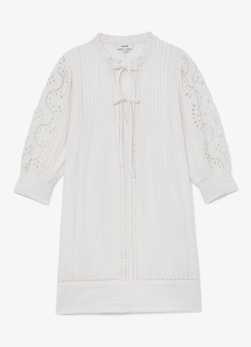 Reiss GIA Cotton Cheesecloth Broderie Mini Dress - voorkant 2 wit
