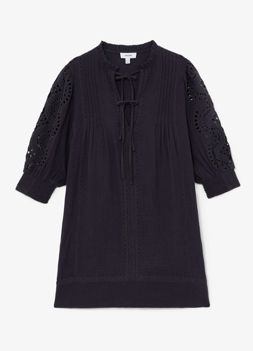 Reiss GIA Cotton Cheesecloth Broderie Mini Dress - voorkant 2 donkerblauw