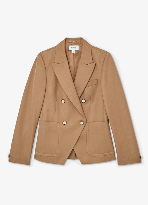 Reiss Gigi double-breasted blazer in wolblend met steekzakken - voorkant 2 camel