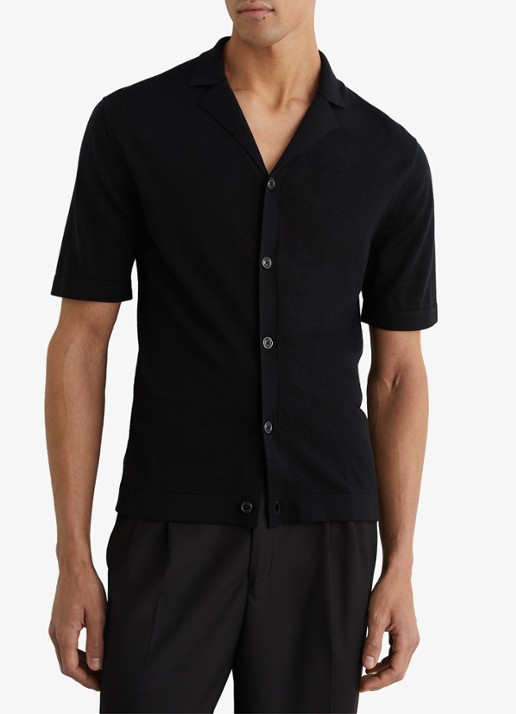 Reiss Grafton fijngebreid overhemd van merino wol - detail black / zwart