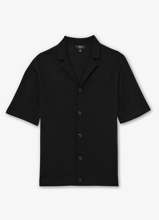 Reiss Grafton fijngebreid overhemd van merino wol - voorkant 4 black / zwart