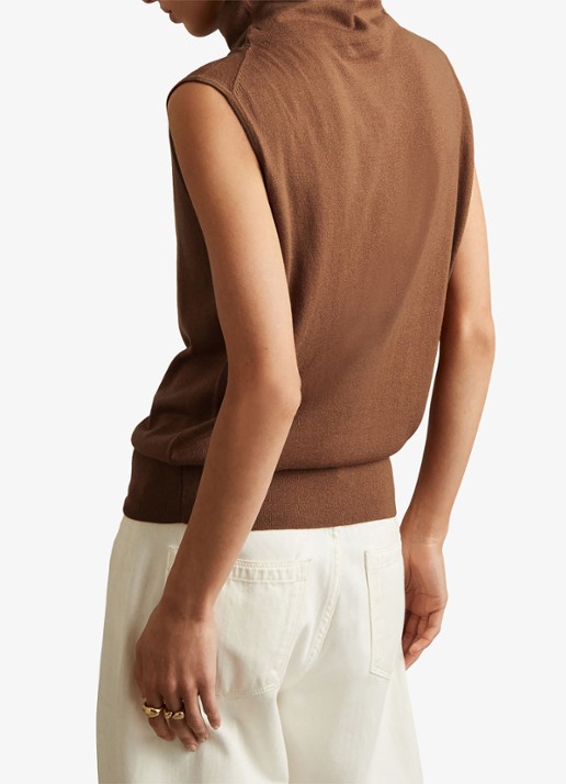 Reiss Harper mouwloze top van wol met col - achterkant 2 cognac