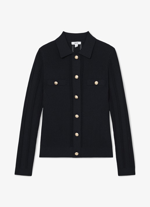 Reiss Harri fijngebreid vest met kraag - voorkant 5 donkerblauw