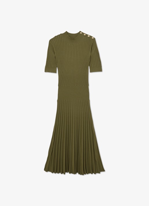 Reiss Harriet gebreide midi jurk met plooien - voorkant groen
