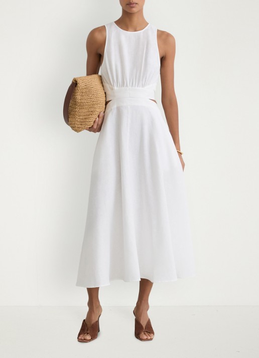 Reiss HAZEL Linen-Cotton Cut-Out Midi Dress - voorkant 7 wit