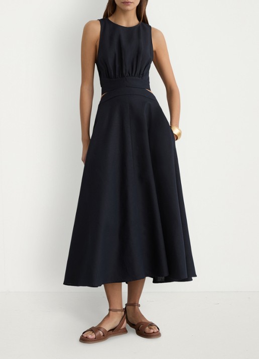 Reiss HAZEL Linen-Cotton Cut-Out Midi Dress - detail 3 donkerblauw