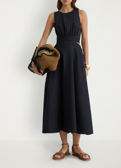 Reiss HAZEL Linen-Cotton Cut-Out Midi Dress - voorkant 6 donkerblauw