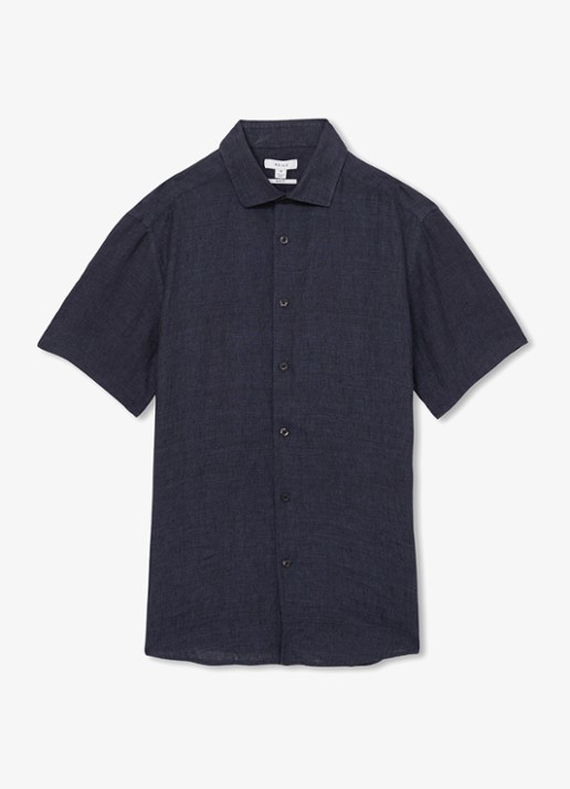 Reiss Holiday regular fit overhemd van linnen - voorkant donkerblauw