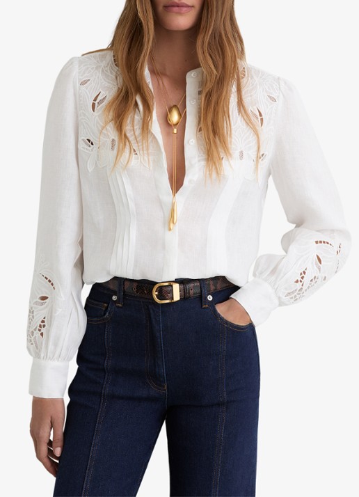 Reiss Ida blouse van linnen met broderie  - detail 4 wit