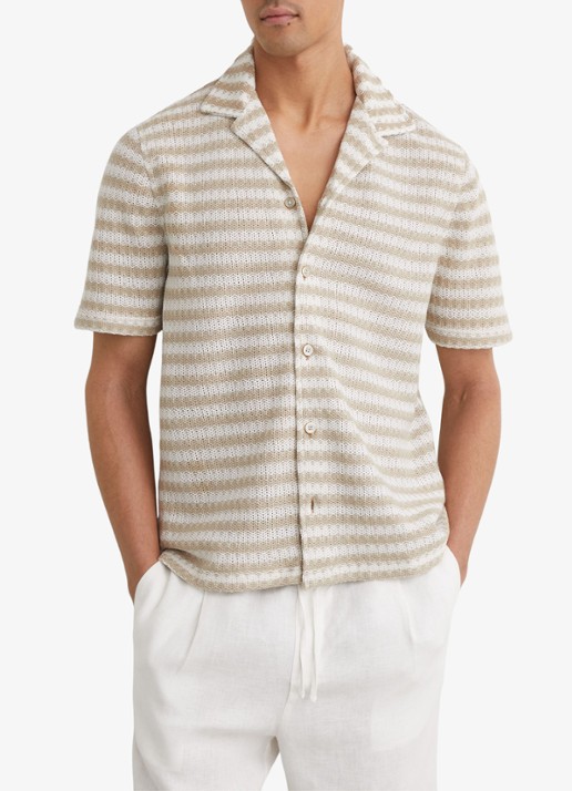 Reiss Island grofgebreid regular fit overhemd met streepprint - detail 3 wit / oatmeal