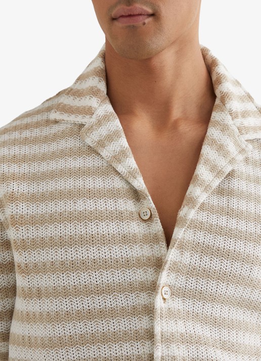 Reiss Island grofgebreid regular fit overhemd met streepprint - detail 4 wit / oatmeal