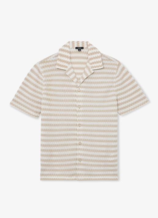 Reiss Island grofgebreid regular fit overhemd met streepprint - voorkant wit / oatmeal