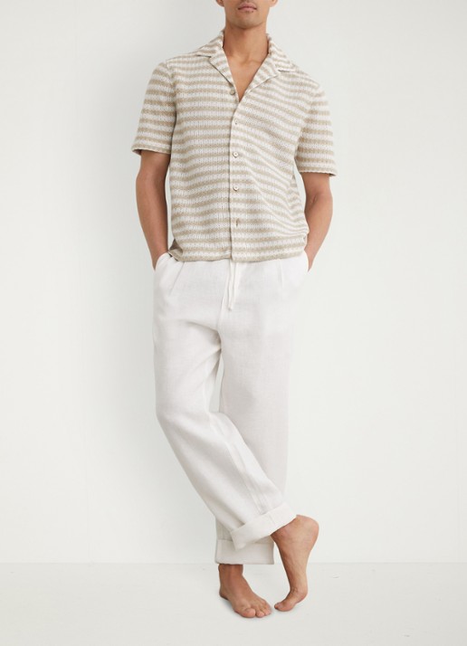 Reiss Island grofgebreid regular fit overhemd met streepprint - voorkant 2 wit / oatmeal
