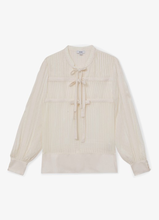 Reiss Josephine blouse met streepprint en ballonmouwen - voorkant 4 wit