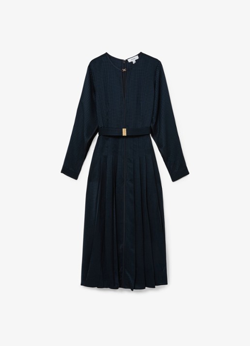 Reiss Kea midi jurk met ceintuur en plooidetail - voorkant donkerblauw