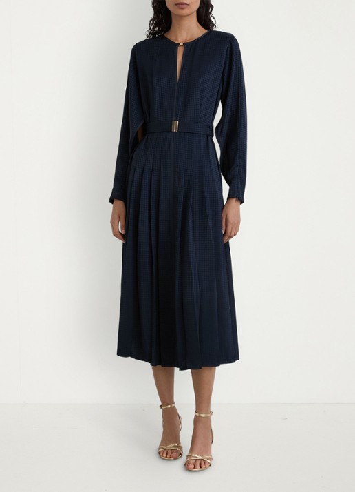 Reiss Kea midi jurk met ceintuur en plooidetail - voorkant 2 donkerblauw