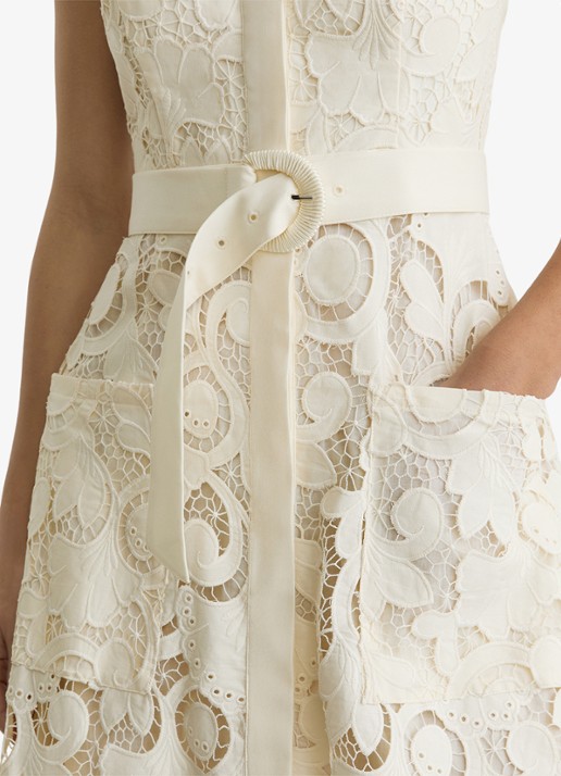 Reiss Kerina midi jurk met borduring en ceintuur - detail 5 creme