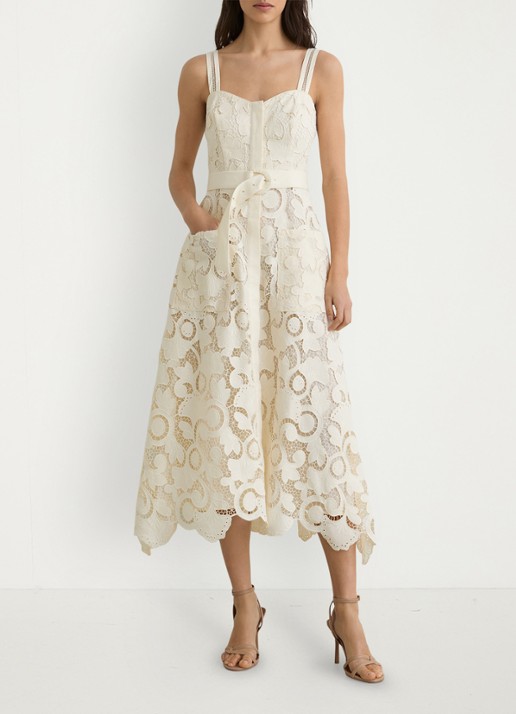 Reiss Kerina midi jurk met borduring en ceintuur - voorkant 3 creme