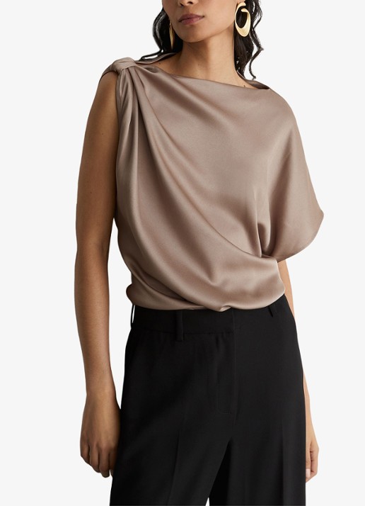 Reiss KEZIA Satin Draped One-Shoulder Top - detail 4 beige