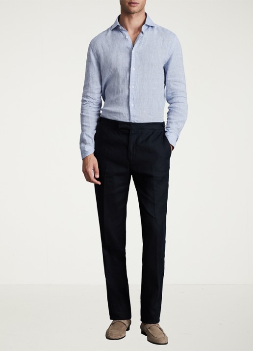Reiss Kin slim fit pantalon van linnen met steekzakken - voorkant 3 donkerblauw
