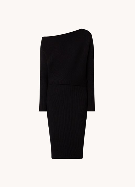 Reiss Lara fijngebreide midi trui-jurk met ribstructuur - voorkant 2 zwart