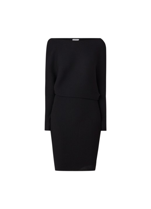 Reiss Lara off shoulder midi jurk met ribstructuur - voorkant 2 zwart