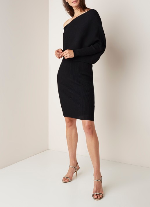 Reiss Lara off shoulder midi jurk met ribstructuur - voorkant 3 zwart