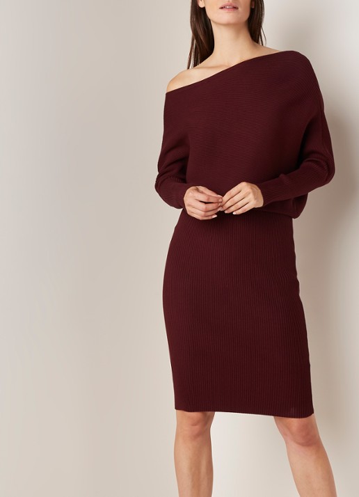 Reiss Lara off shoulder midi jurk met ribstructuur - detail 2 bordeauxrood
