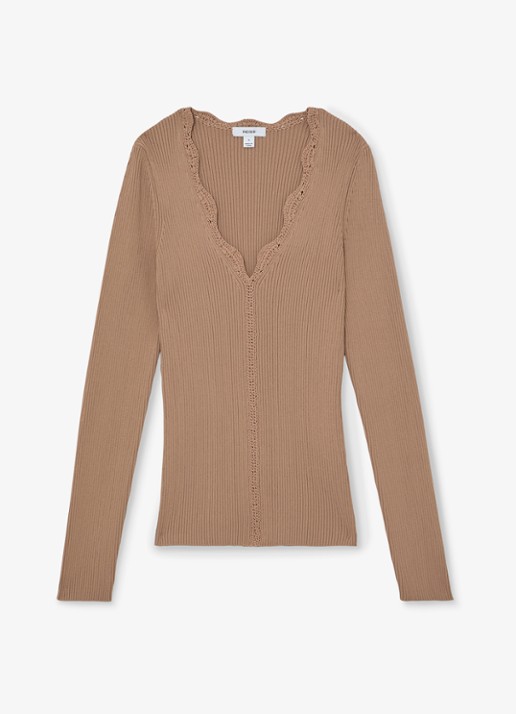 Reiss Lara ribgebreide trui met crochet detail - voorkant 2 camel