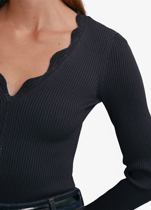 Reiss Lara ribgebreide trui met crochet detail - detail 5 donkerblauw