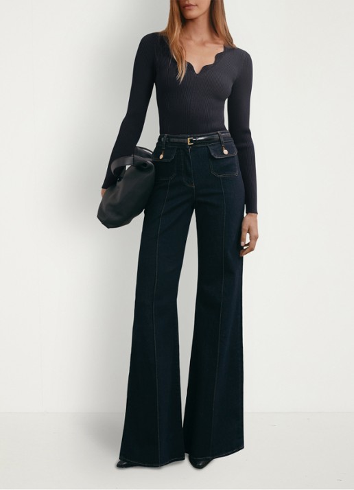 Reiss Lara ribgebreide trui met crochet detail - voorkant 3 donkerblauw