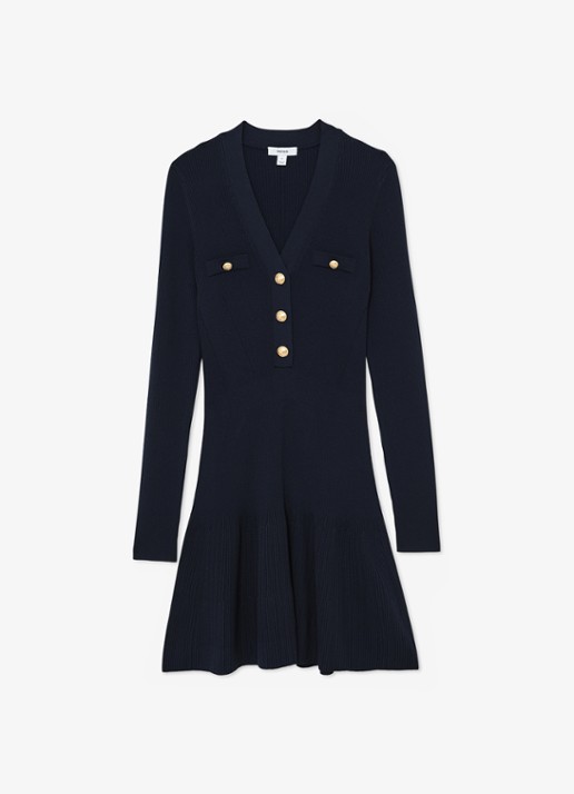 Reiss Lavelle rigebreide mini jurk met knoop detail - voorkant 2 donkerblauw