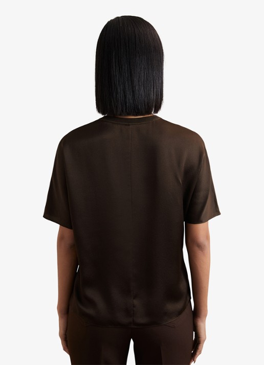 Reiss LENA Silk Short-Sleeve Top - achterkant 8 chocoladebruin