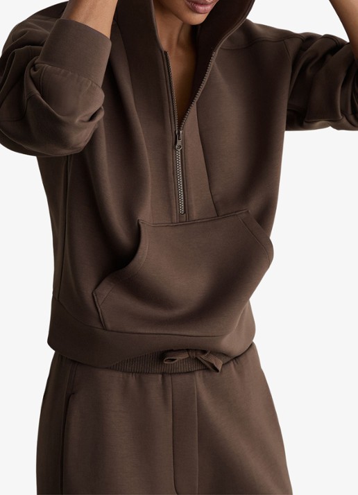 Reiss Lockie hoodie met halve rits - detail 5 donkerbruin