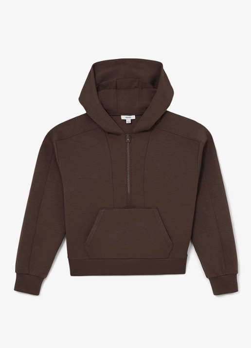 Reiss Lockie hoodie met halve rits - voorkant donkerbruin